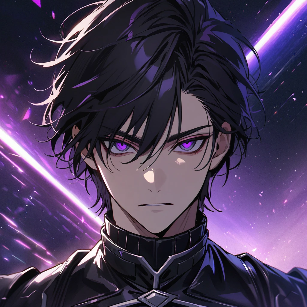 High quality, HD, 4k, no shadows, handsome male, handsome, extremly handsome, 1male, 1 male, ager, pure black hair, short black hair, dark hair, black hair, jet black hair, sharp eyes, deep purple colored eyes, dark purple colored eyes, deep violet eyes, violet eyes, devil may cry, close up, calm expression, stoic expression, black leather clothes, black leather clothing, leather clothing, lean body, well trained body, upper body, looking at viewer, cowboy shot, white solar, space background