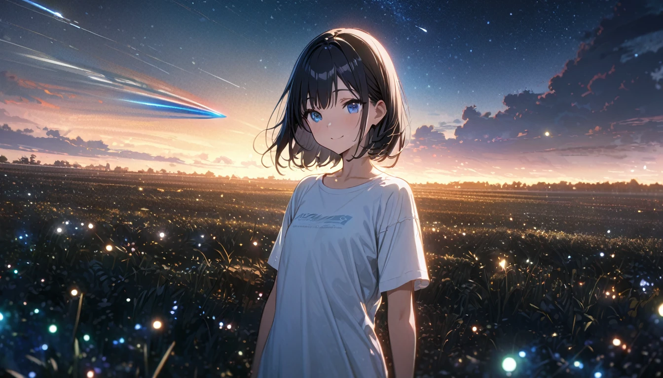 ((ultra-detailed))/(one women with short black hair and bob hair.、beautiful blue eyes,.、smile、gentle smile on her face、flat chest, one Beautiful girl,((masterpiece, illustration, best quality) ((ultra-detailed))/)Masterpiece\,standing on a field viewing the night sky with dark clouds and stars, a comet passing by, and many stars, wearing white tshirt,濃い青とBeautiful Blueのグラデーション, High resolution, 8K HD detail, hyper-detail, cinematic, surrealism, soft light, deep field focus bokeh, ray tracing and surrealism. --v6'