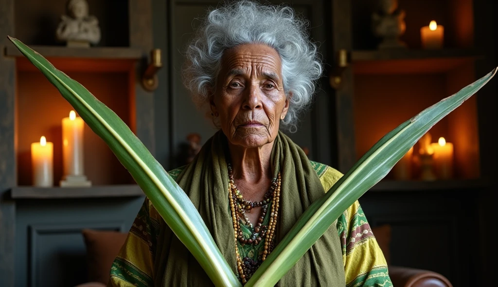 Create an ultra-realistic image of an elderly Afro-Brazilian woman, a traditional healer or 'benzedeira,' from the northeastern region of Brazil. She is holding two long, thin, sword-like 'Espada de São Jorge' (Sansevieria trifasciata) plants crossed in an 'X' shape in front of her chest. The plants are characterized by their green leaves with medium and dark green horizontal stripes, bordered by a sunburnt, yellowish edge. The leaves should vividly display the light green and yellow stripes running horizontally across their length, emphasizing their distinct, naturally worn appearance. The woman, with a serious and firm expression, is dressed in beautiful, mystical attire. The background features a deep, spiritual atmosphere with a shelf holding lit candles and religious statues, evoking a strong sense of faith and energy. The entire scene should convey depth and realism, highlighting the detailed texture of the plants and the spiritual ambiance of the setting.