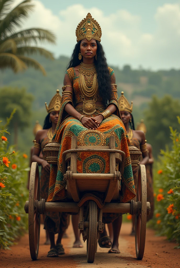 Ethiopian Queen Saba sitting on her bridesmaids hand made wooden cart