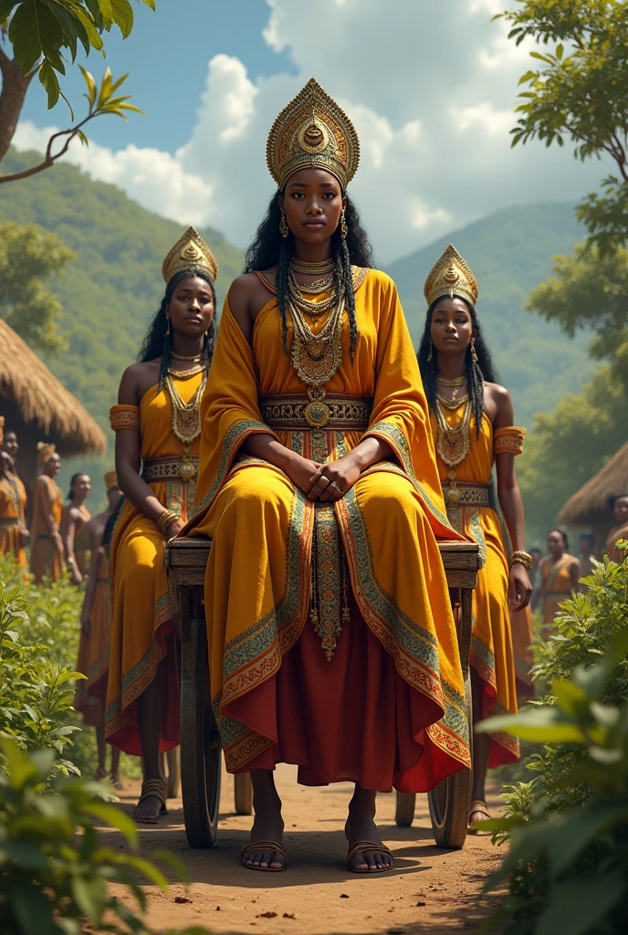 Ethiopian Queen Saba sitting on her bridesmaids hand made wooden cart
