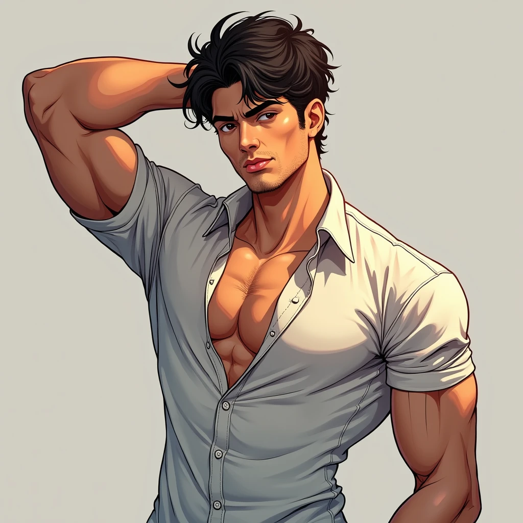 anime art, a 30 year old iranian attractive fit male, wearing tight button up shirt, hand behind hear, sweaty armpit,