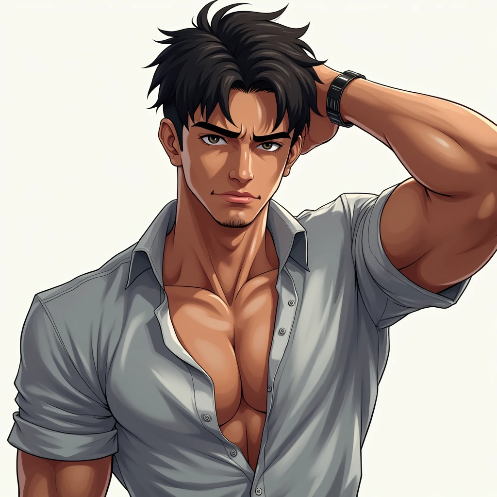 anime art, a 30 year old iranian attractive fit male, wearing tight button up shirt, hand behind hear, sweaty armpit,