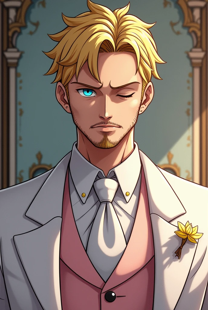 Create a One Piece character in Sanji fanart, a man with blue eyes, "blonde hair on the right side", his face with a beard and a little mustache, covering his right eye, with swirly eyebrows, Elegant white and blush wedding suit, but with eyes closed