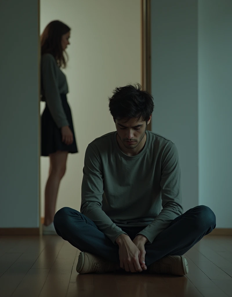 A 1 sitting floor and his girlfriend ignore him