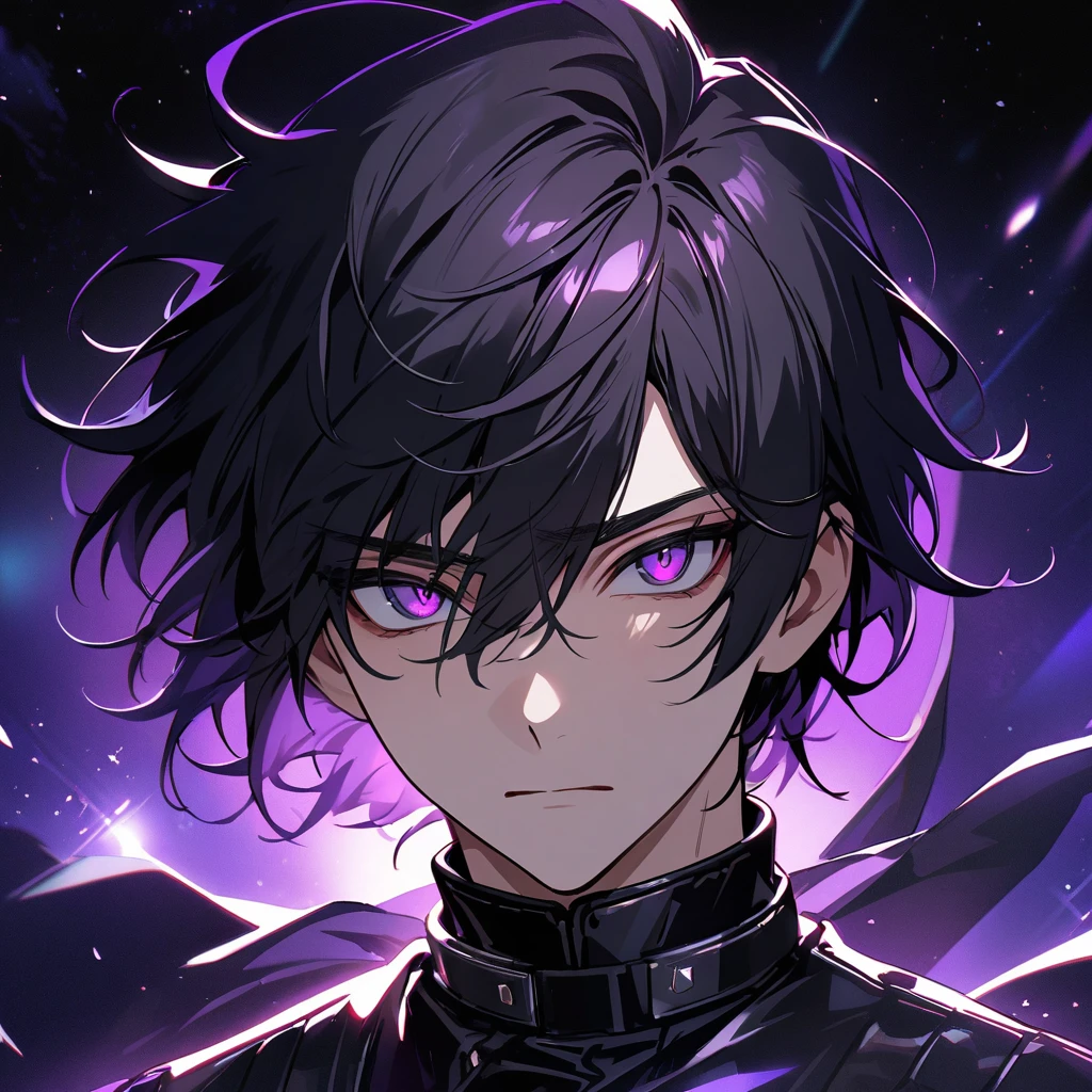 High quality, HD, 4k, no shadows, handsome male, handsome, extremly handsome, 1male, 1 male, teenager, pure black hair, short black hair, dark hair, black hair, jet black hair, sharp eyes, deep purple colored eyes, dark purple colored eyes, deep violet eyes, violet eyes, devil may cry, close up, calm expression, stoic expression, black leather clothes, black leather clothing, leather clothing, lean body, well trained body, upper body, looking at viewer, cowboy shot, white solar, space background