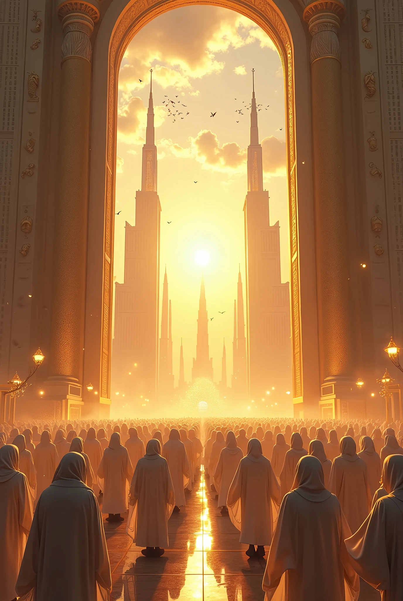 A vast crowd of people in white robes walking towards a colossal, ornate golden gate that opens into a radiant, sunlit utopian city. The gate is adorned with classical statues and framed by two towering pillars. The sky is ablaze with the warm glow of sunset, scattered with birds in flight, and the path leading to the gate is lined with ethereal floating lanterns. The city skyline features futuristic skyscrapers and spires, suggesting a blend of ancient and modern architecture.
