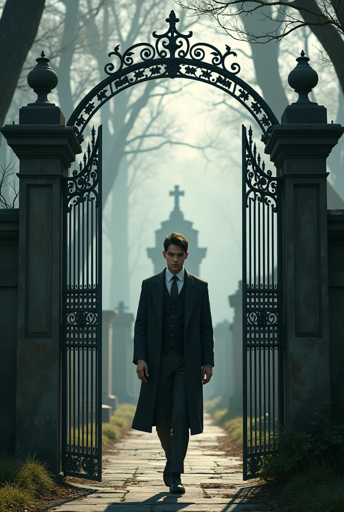 young man entering cemetery, with the doors behind him.
