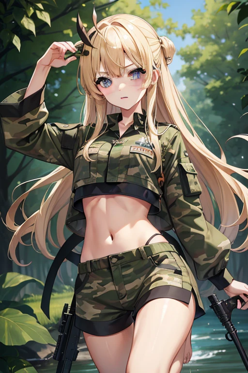 nightのmilitary base、beautiful girl、blonde、Navel-baring camouflage combat uniform、Crop tops、camouflage-patterned shorts、barefoot、Stick a knife in your thigh、Grab a pistol、military base、fire、night