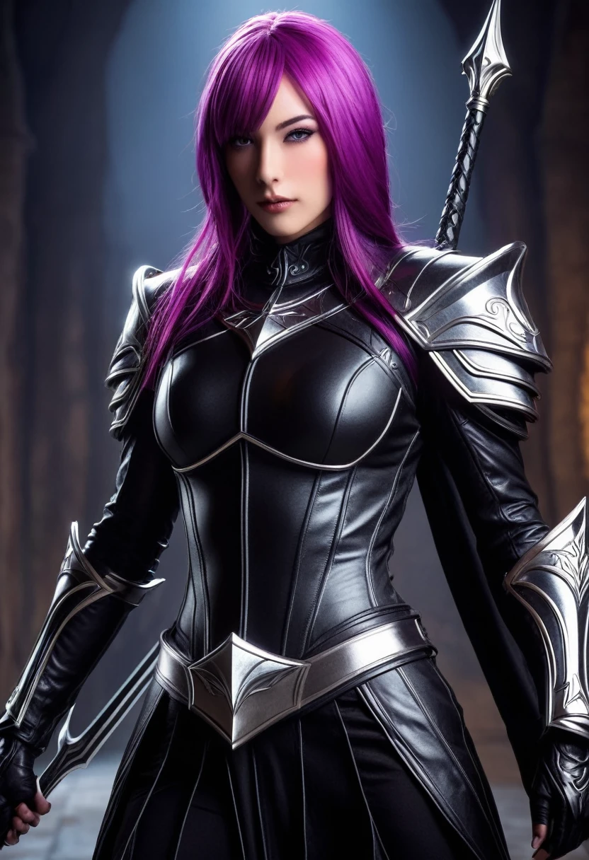 A dark elf rogue (male, pitch black skin, violet eyes, platinum hair, lean and muscular, wielding daggers, sexy leather armor, spider motif) is striking combat poses, deep magical dungeon