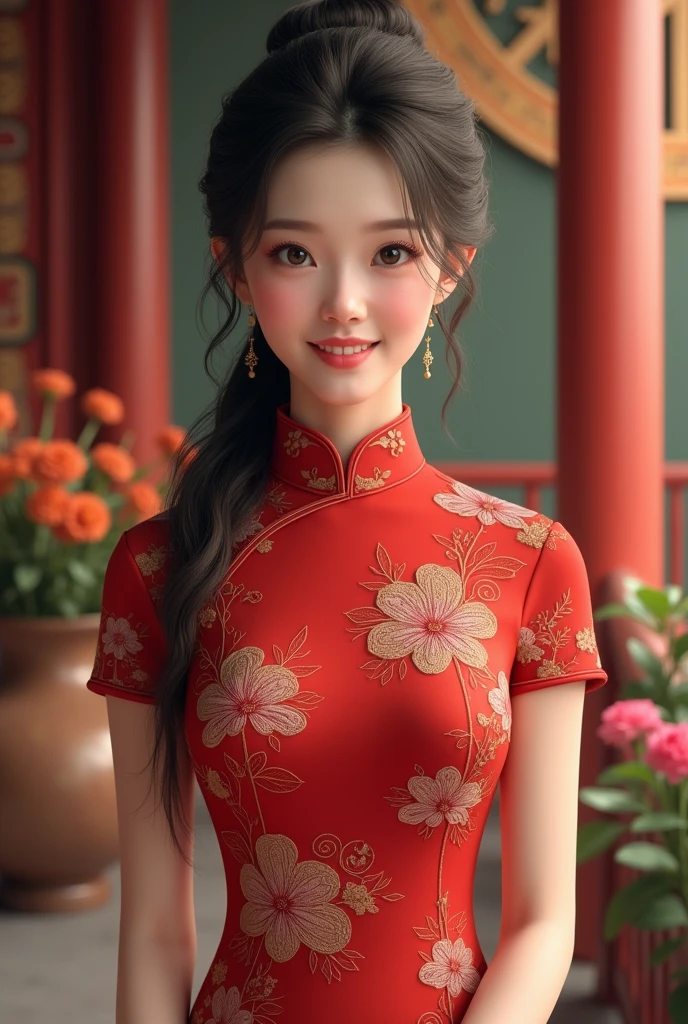 Cute woman wearing a red cheongsam, floral pattern, short sleeves, palace background