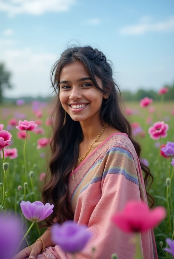 Una sola chica india de 25 años con Long hair usando sari en un jardín de amapolas morado lila, Long hair, dressed comfortably, with braids in her hair, pink lips, pink clothes, portrait photo, smiling, blue sky with clouds