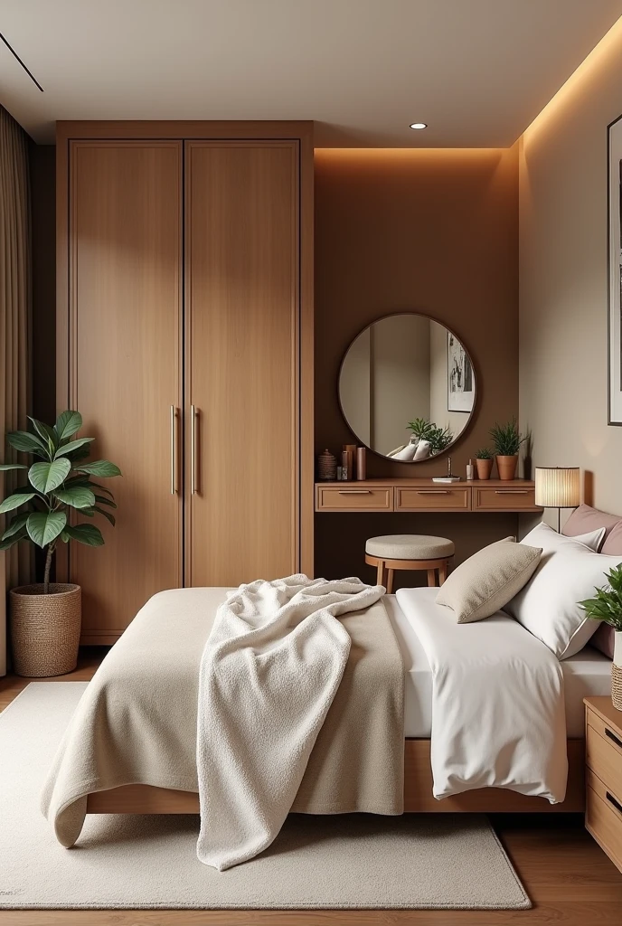 well-equipped bedroom with wardrobe, makeup dresser, etc