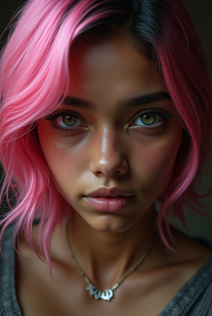 a dark green eyed brown Indian  girl with pink colored hair

