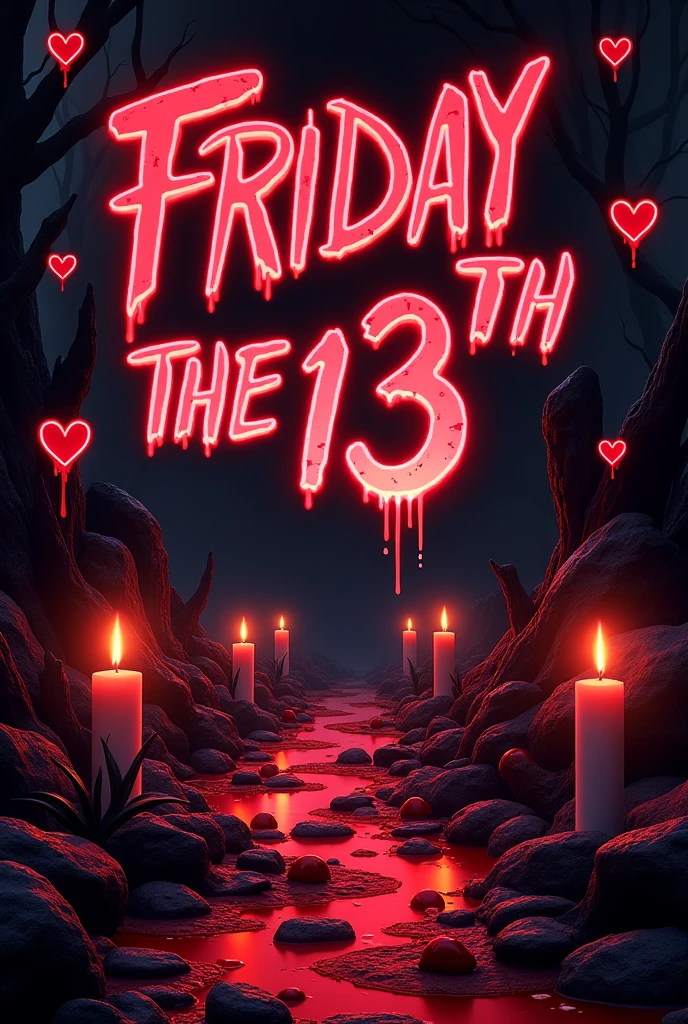 Make a party invitation with red and black colors, neon effect, the title is Friday 13th, There will be hearts, broken hearts with blood on the sides, candles, remaining, path of rocks and decorations