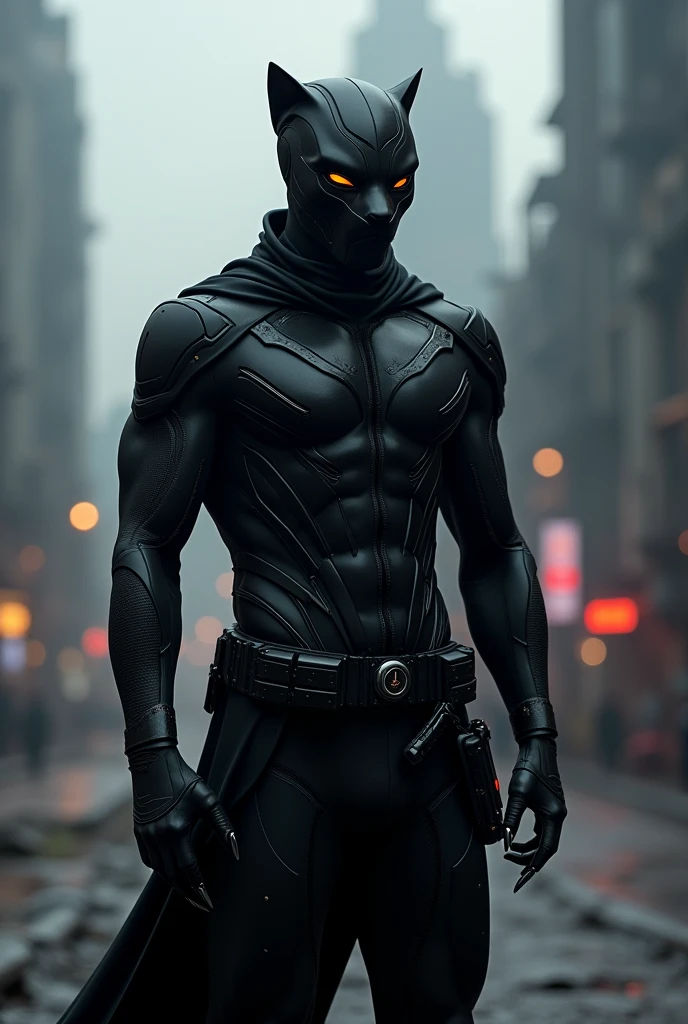 Make an super hero dedicated to panther all new futuristic design and costume in all black colour standing in fictional city name perica with full of darkness