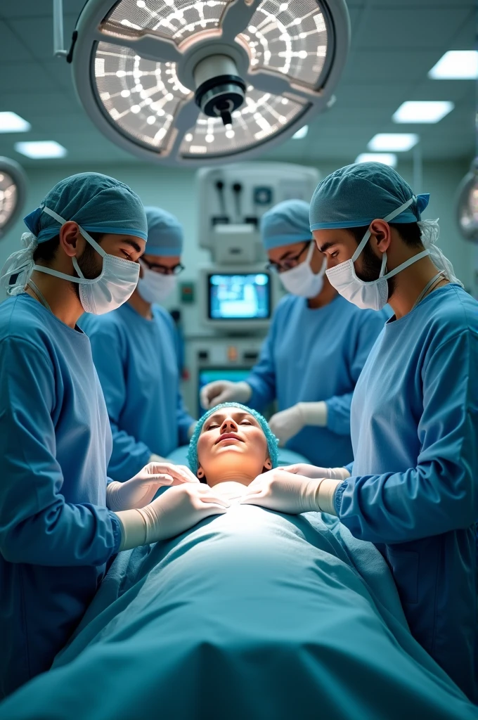 Doctor performing an intervention in an operating room, but the entire operating room can be seen with his assistants and technicians and a patient happy to have done a good job