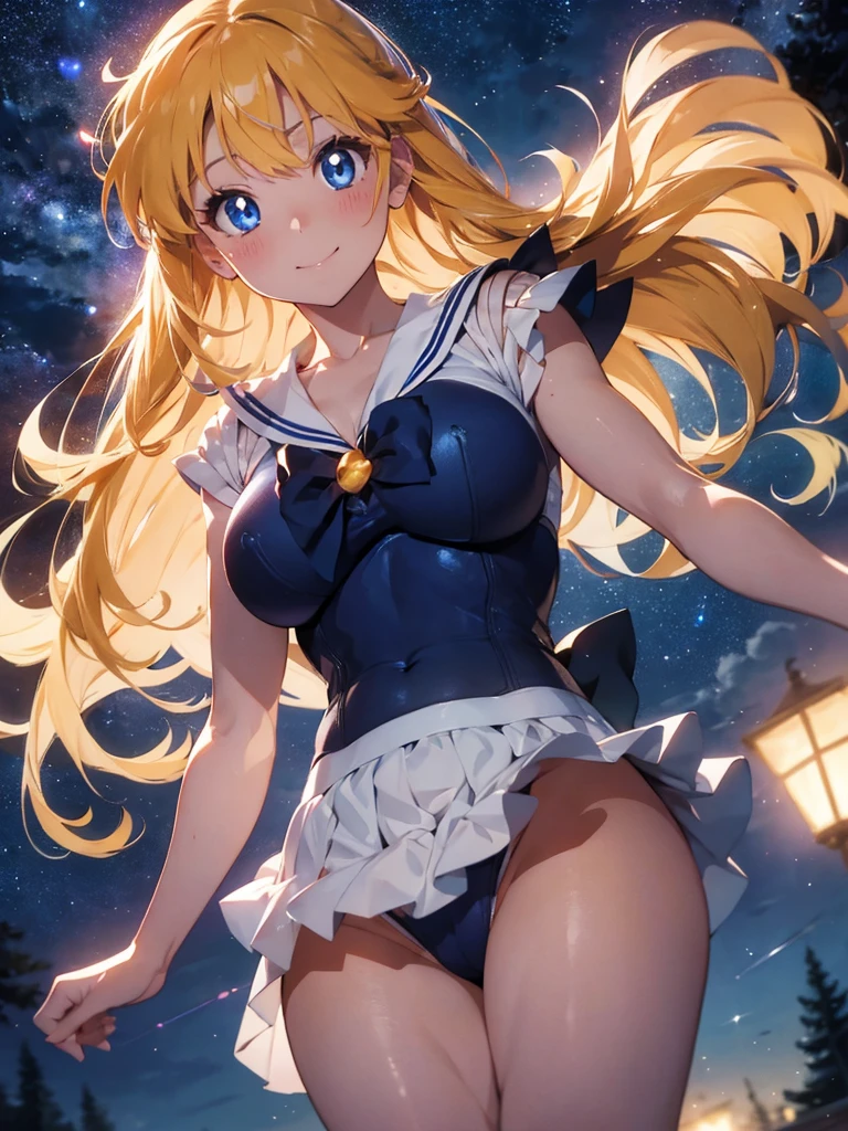 Sexy  Sailor Venus  in a night with bright stars, Long hair, looking at the viewer, smile, fringe, Love, blue eyes, High resolution, anatomically correct, masterpiece, High details, Very detailed, textured skin, Awarded many times, breasts, blush, shine, 