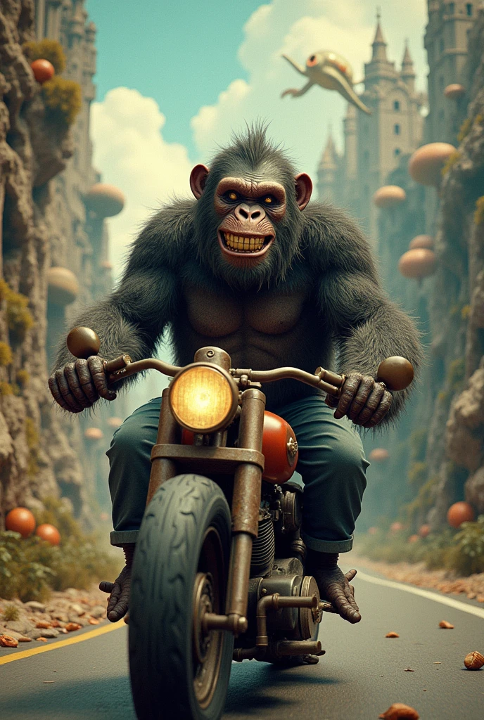 A drunk ape on a motorcycle