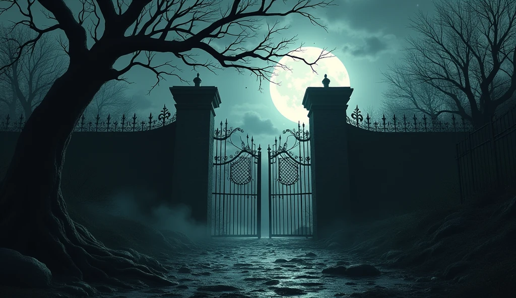 A dangerous place haunted and surrounded by a dangerous wall and a latticed gate and a scary tree and midnight and a full moon.