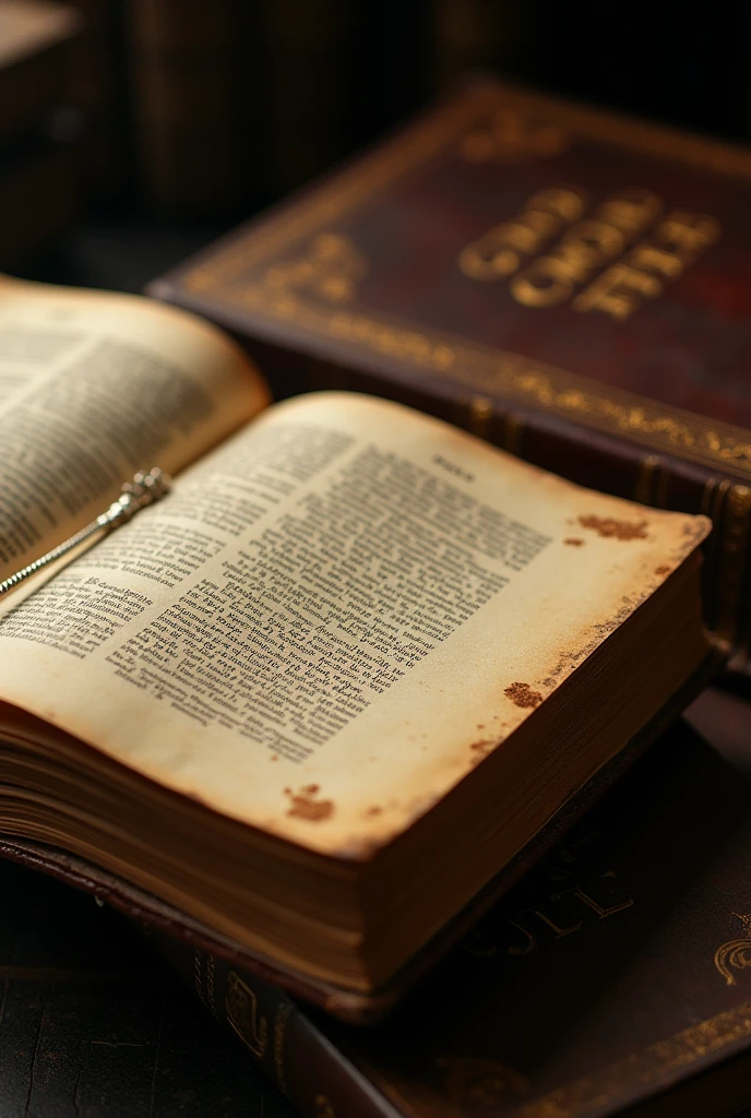 A photo of a close-up shot of a Greek dictionary opened to the word "plato". The page is yellowed with age and has a few inksplatters. There's a bookmark placed after the word "platos". The dictionary has a worn leather cover with gold embossed text. The background is dark.