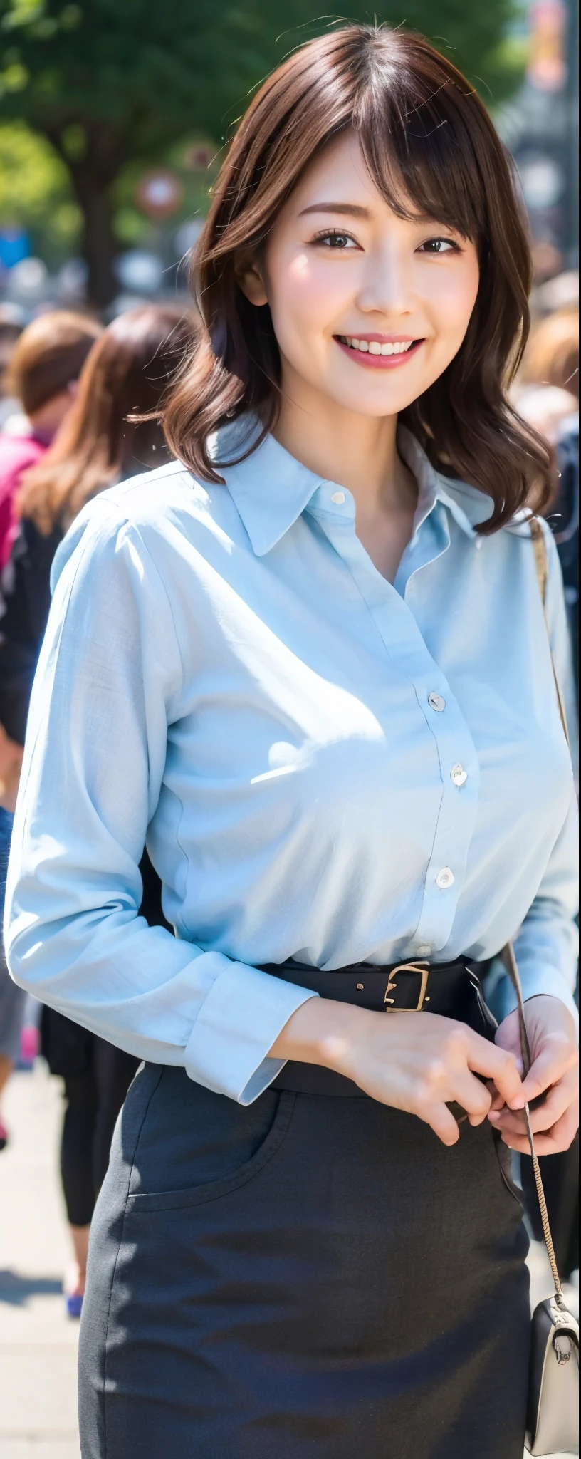 (8k, RAW photos, top quality, masterpiece: 1.2, ultra detailed, super resolution, real photos: 1.37), (Full body photo), 1 noble elegant Japanese lady, A lot of wrinkles on the face, plumw, (standing contrapposte), Denim short skirt, Thighs white, Good skin radiance, tunic shirt, tight-fitting, large pelvis, Black heels, Shiny, mature pretty woman, Moist clothes, Smile, Daylight, Looks like 1.8 meters tall, Large breasts, big cuvy hips, Thin waist, Long legs, skin hyper-detail, 4, Perfect face, Fantastic look, (Detailed facial features), Wavy hair, center of street, crowd of people,