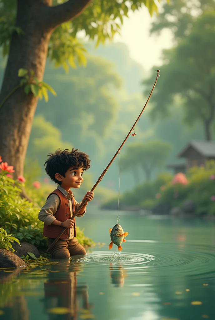 One day, he went to the village pond and caught a little fish." Visuals: Rahul is seen at a serene pond, using a fishing rod. He excitedly pulls out a small, shimmering fish from the water.