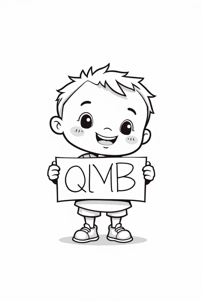 A simple fun cartoon boy holding a sign with qmb make it line drawing with black and white with single line drawing