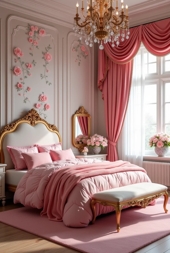A room that is very much like a lady's room mixed with a princess's room, with lots of pink, cama de casal, big and chic room