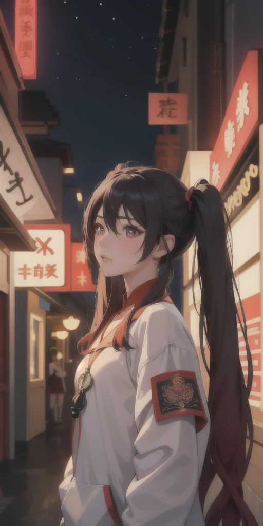 masterpiece, best quality, HuTaoV4, 1girl, solo, blush, twintails, long hair, hair between eyes, ((streetwear clothes)), city, outdoors, night, movie poster, extremely detailed 8K, smooth, high resolution, ultra quality, cinematic lighting, ambient occlusion, hd, 2k, 4k, 8k, 16k, extremely detailed anime, detailed faces, perfect composition, wide shot, atmospheric lighting,