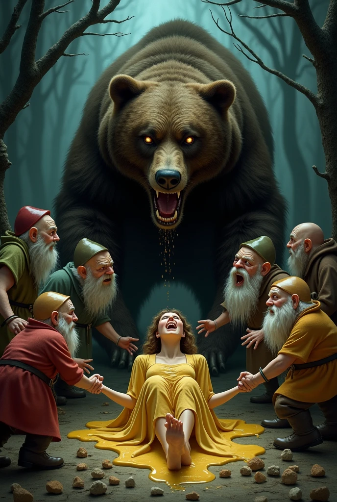 7 Dwarfs tied snow white and put honey on her
,then bear came and put loot of honey on her,bear going eat her by hand and then legs