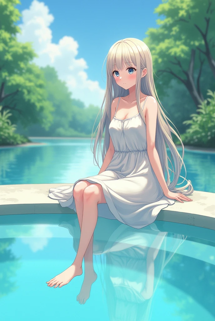 An anime girl sitting on the edge of a pool (close to the camera)