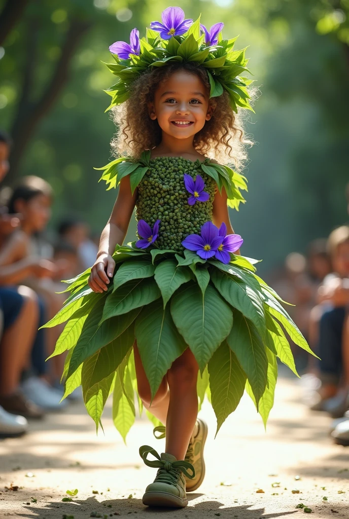Create a scene, where the child is dressed in eco-friendly clothes made from recycled materials, cutie dressed in a fashionable outfit made of violets and leaves, dressed in a fashionable couture dress, and confidently walks down the catwalk, smiling, showing off her ultra-realistic fashion sense. camera in motion