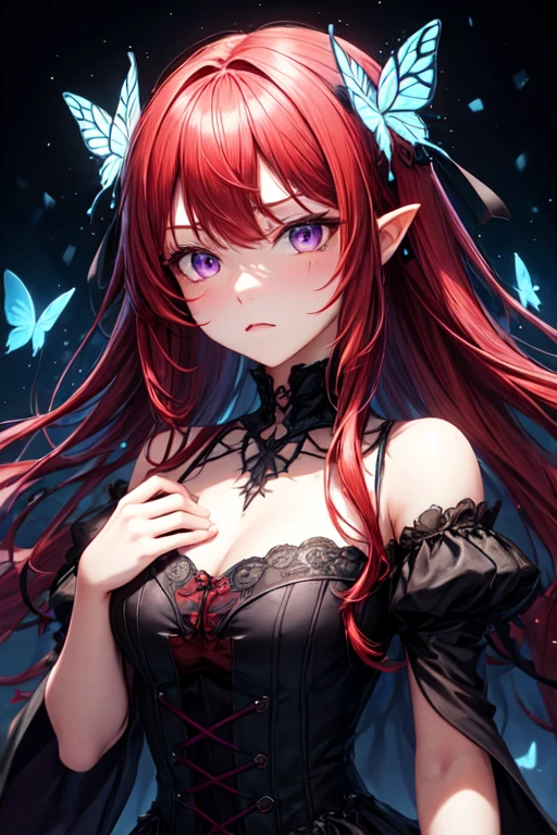 cold face expression, wearing gothic dress, butterflies , long red hair, purple eyes, having magic, darkness