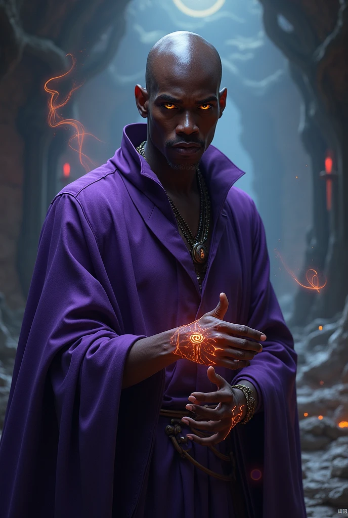 A bald black man in his thirties with gold eyes wearing a purple robe with the mark of an eye on his wrist