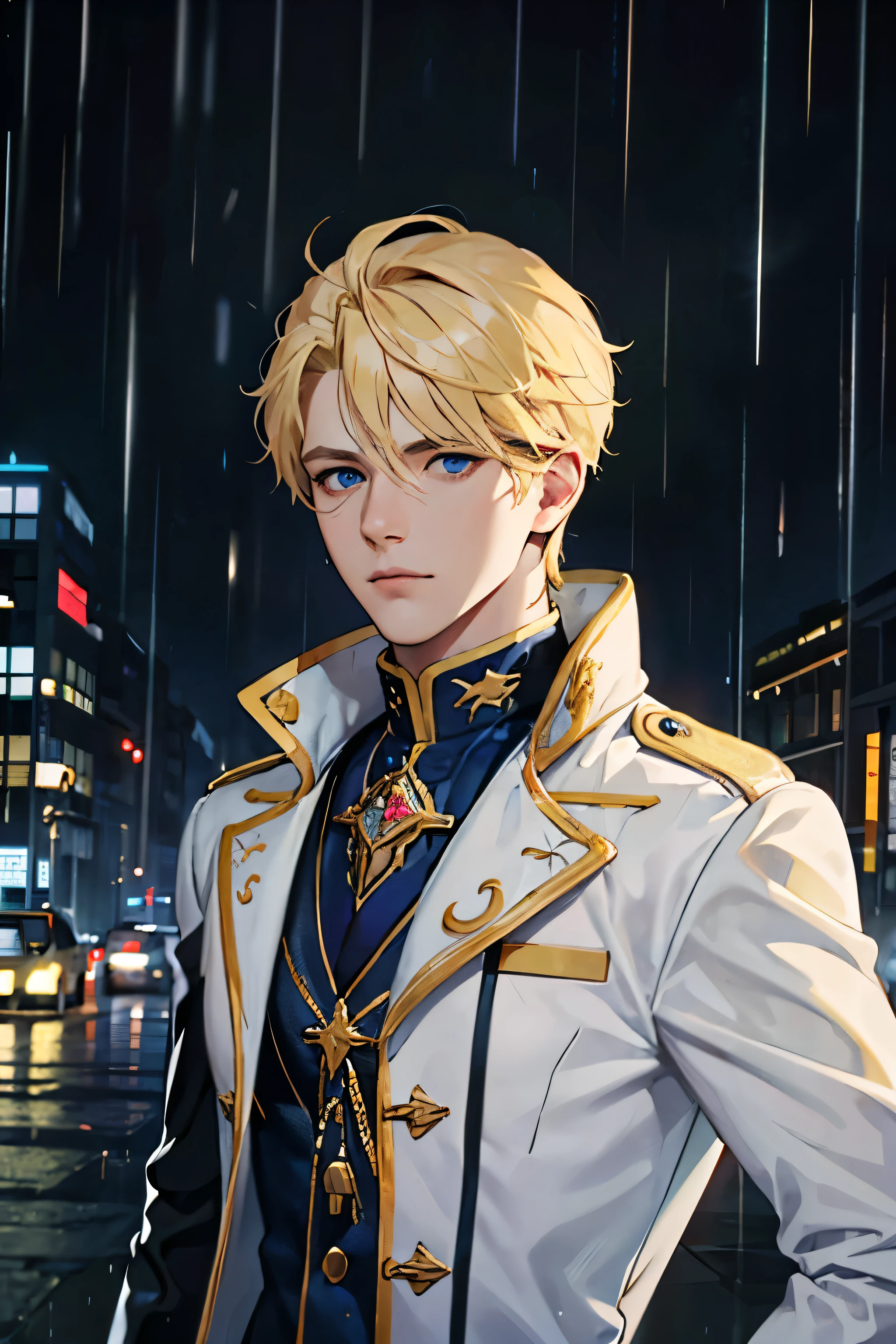 A solo blond man, , tall and muscular , Facial scarring, Blue eyes, jacket with a high collar , in a city at night and rain in the background, un sourir en coin,