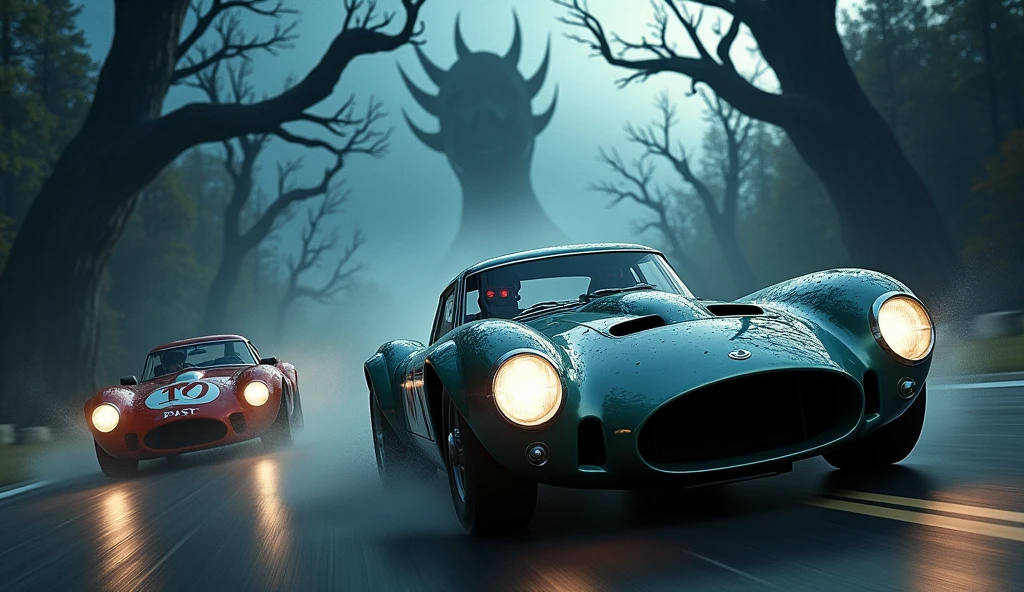 Car race, dark, spooky place in the background