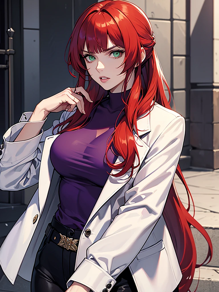 green eyes, red hair with long bangs, noble. wavy long hair. strong woman. she quiet. wear purple t shirt. dominant woman. mafia. mature woman. girl boss. badass woman. gangster. hair so long have bangs. gangster. wear winter white jacket. red hair. ponytail