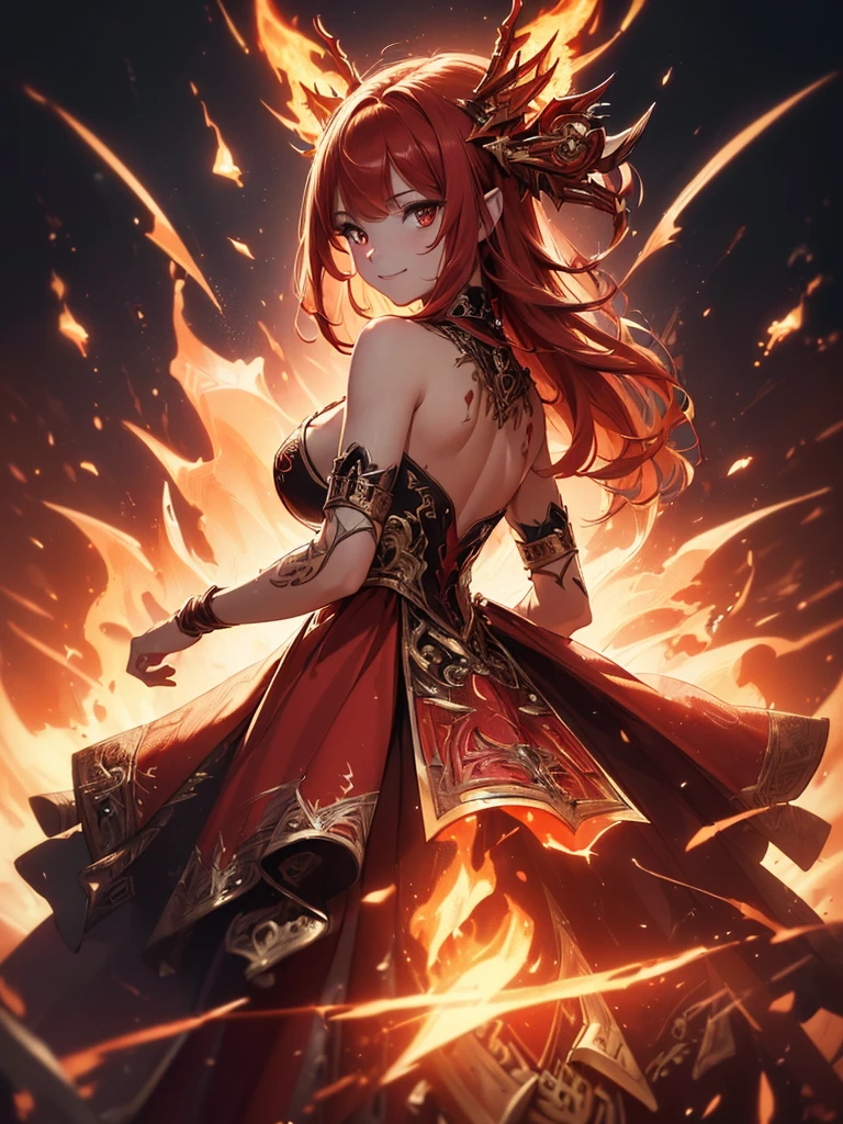 (((best quality, sharp image, clear image, cinematic lighting, 8k resolution, masterpiece, ultra detailed, intricate))) Girl, sorcerer, cute, intricate dress, smiling, fiery red, ((intricate background)), (rune frame), dimension, ((shot from behind)), fire sigils, chaotic background, ((half-body shot))