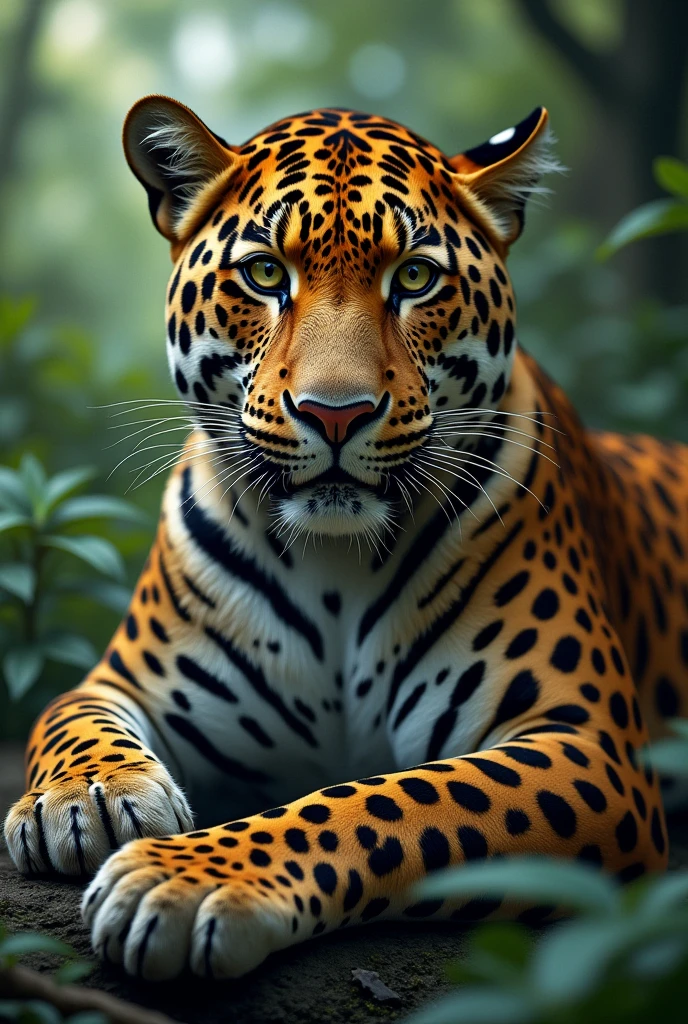 jaguar lying down with power looking towards the camera