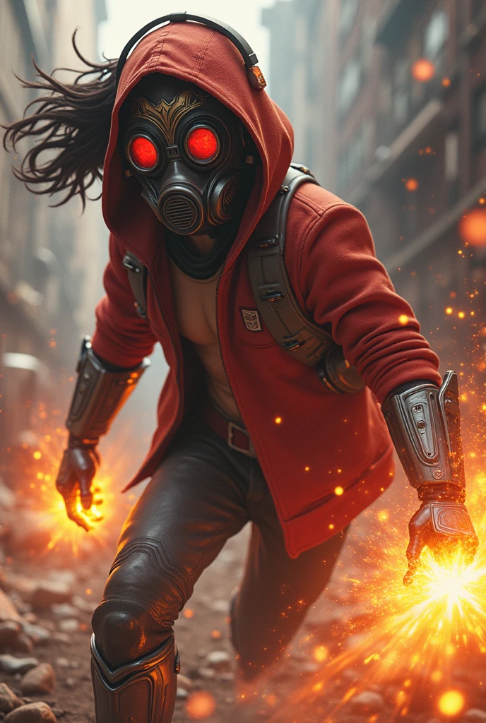 Young ??? with red hoodie, headphones, star-lord helmet, gas helmet, covered mouth, round red eyes, Red eyes, magic rings in the hands and rocket boots, Vs, wonder woman, big breasts, Fighting, power, fiction, full body, hight, fire in boots, poweful spells, realistic