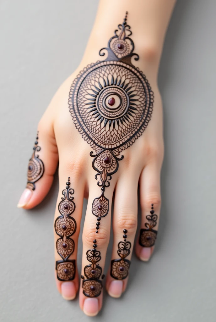 generate Gol Tikki mehndi design on beautiful hand