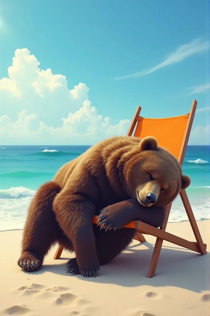 Sleeping bear on lawn chair on the beach