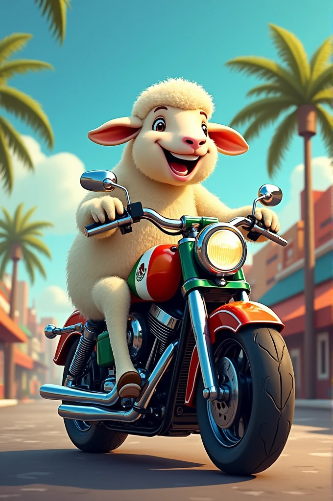 A sheep riding a motorcycle with the colors of the Mexican flag