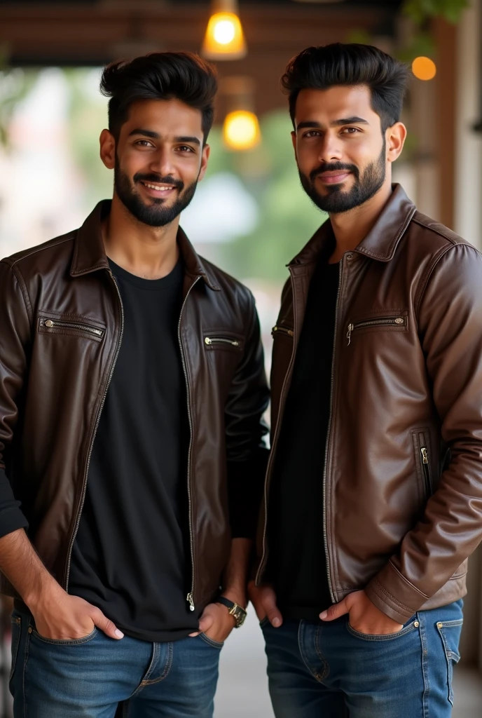 make a 2 men’s portrait for facebook profile photo. good looking men with short beard. skin colour asian fair. face look is combination of Pakistani and Bangladeshi. realistic photo. natural look. background will be a restaurant in Dhaka City. wearing a leather jacket and black tshirt and jeans.