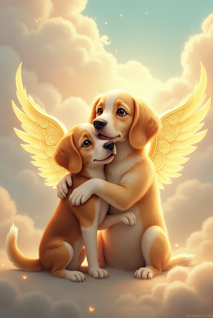 Beagle hugging a Golden Retriever with angel halo wings