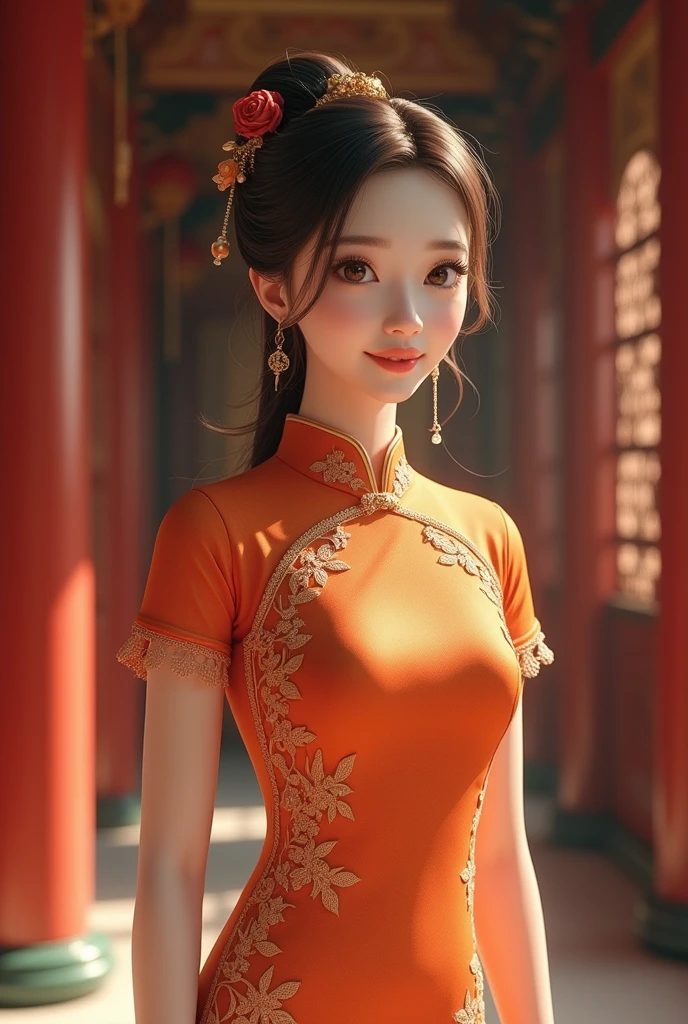 Cute girl wearing an orange cheongsam, lace, short sleeves, palace background, beautiful