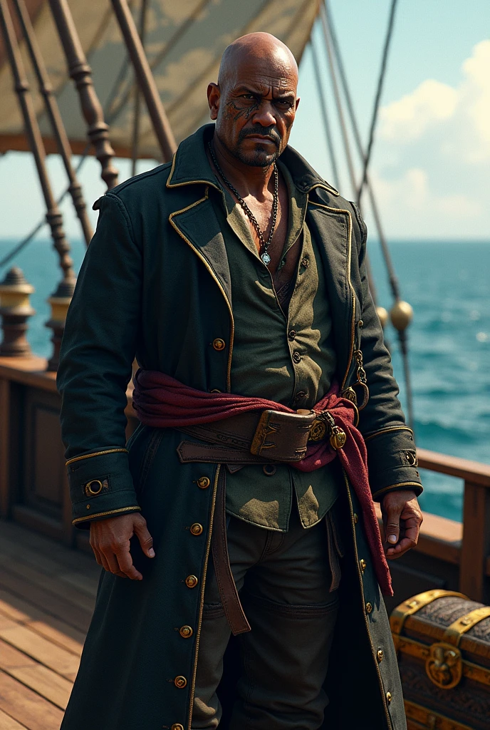 pirate, skin black, frowning , Dark clothes , on a pirate ship , golden chest , face tattoo , wear glasses 