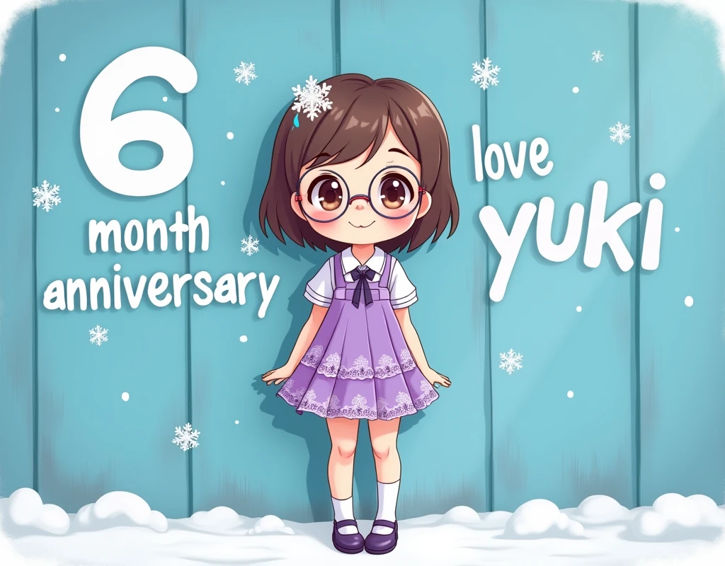 Animation, cartoon, lace, Purple dress,school girl, glasses, short skirt,whole body,high heels,smile,student,lovingly looking at camera, snowflakes, Blue wall background with writing "6 month anniversary, love Yuki"