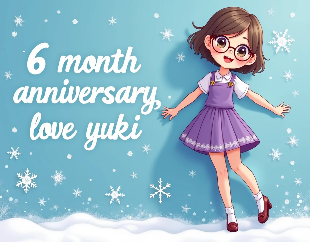 Animation, cartoon, lace, Purple dress,school girl, glasses, short skirt,whole body,high heels,smile,student,lovingly looking at camera, snowflakes, Blue wall background with writing "6 month anniversary, love Yuki"
